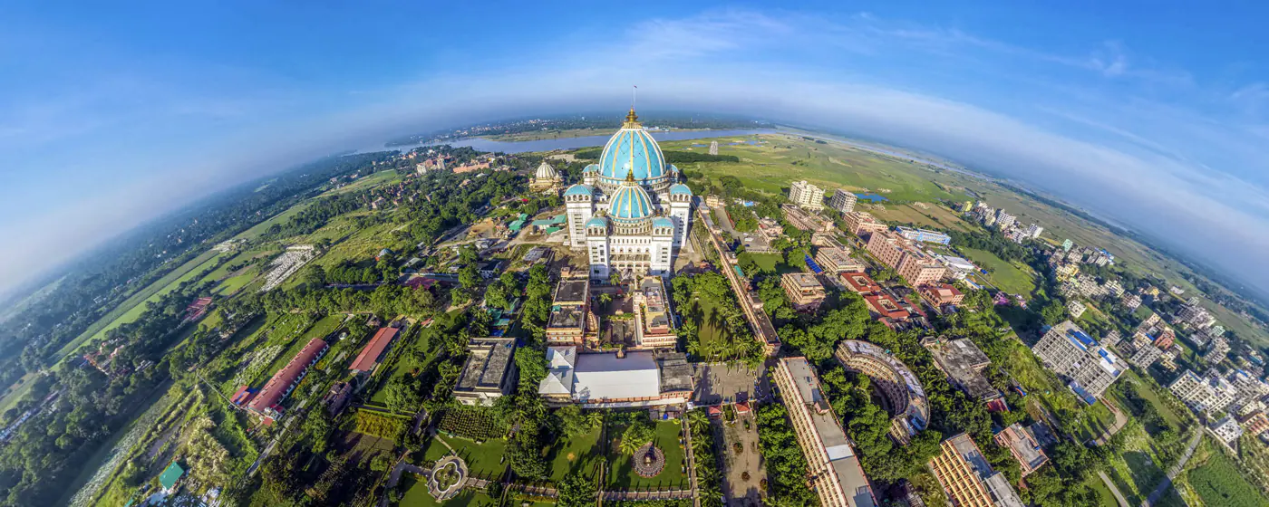 Aerial panorama of Sri Dham Mayapur, the temple at the centre of fields, roads and the surrounding villages