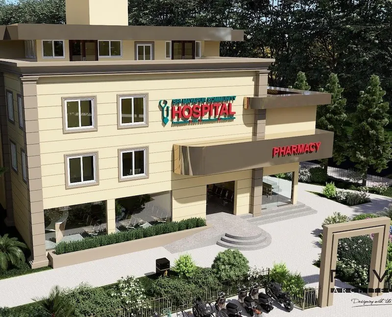 The Mayapur hospital building, with its pharmacy entrance and landscaped forecourt